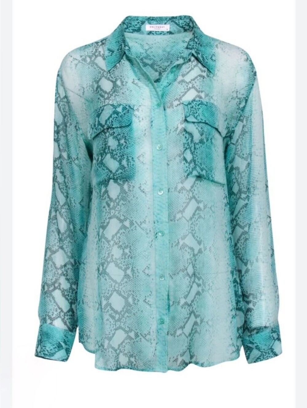 Equipment Femme Women's (XS) Silk Mint Green Sheer Snakeskin-Print Button Blouse